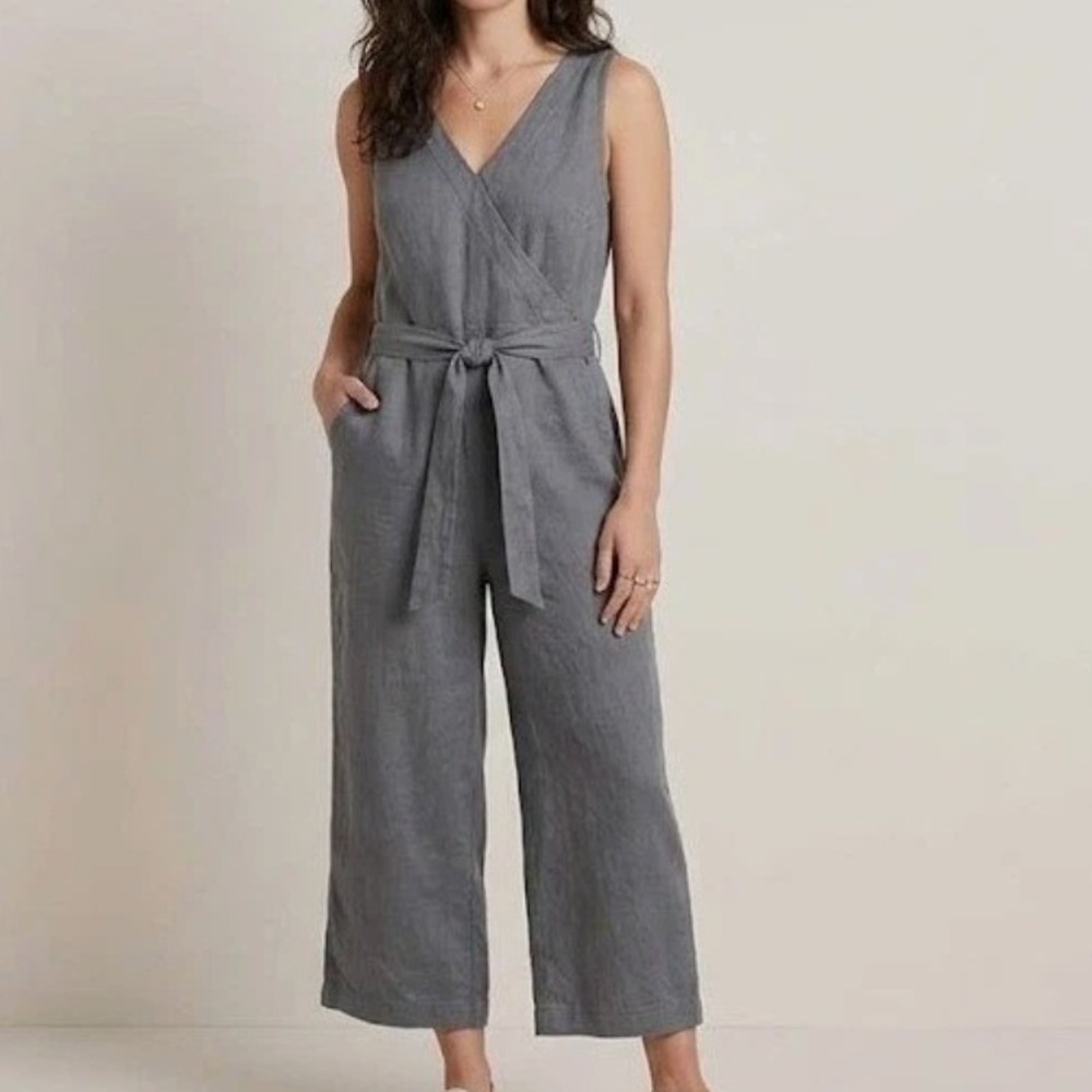 Kuhl Fresco Jumpsuit Gray Linen Blend Sleeveless Wide Leg Wrap 4300 XS Lagenlook